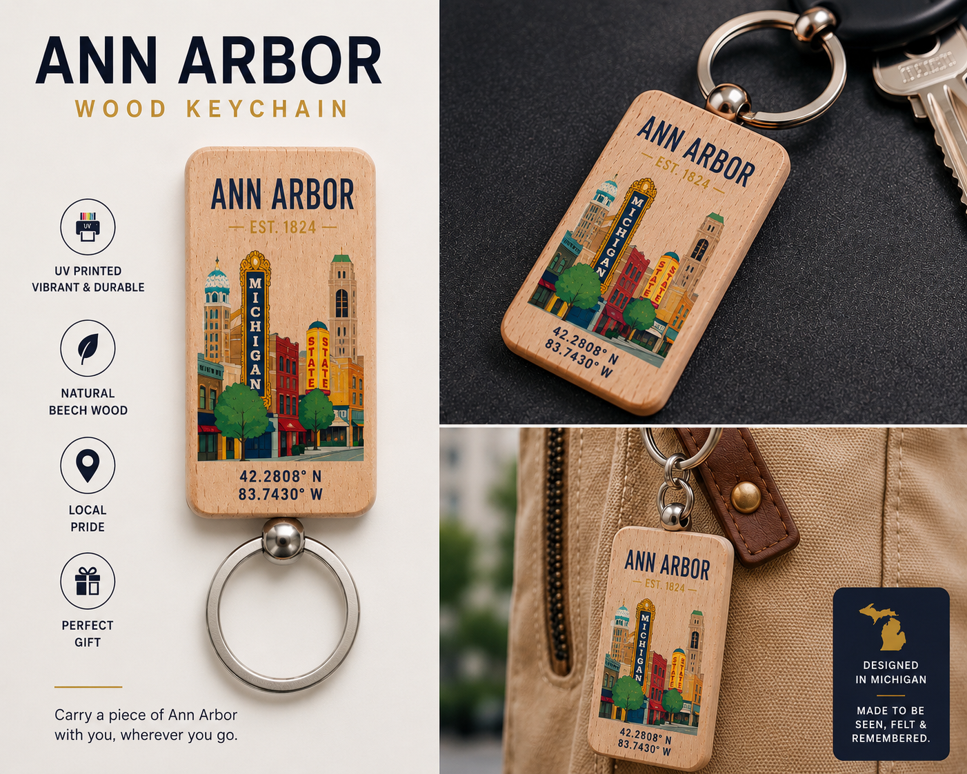 Ann Arbor Wood Keychain